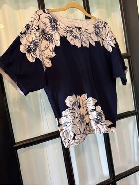 Talbots Navy Top with White Floral Border Print